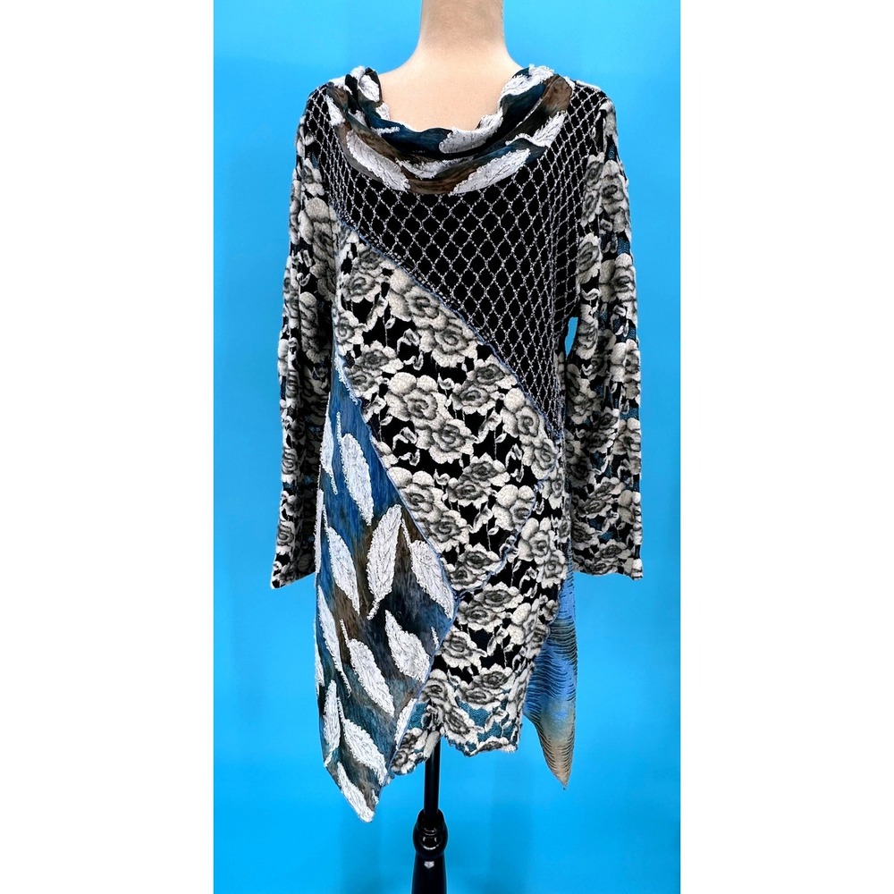 Radzoli Womens XL Mixed Media Floral Burnout Mesh Asymmetrical Cowl Neck Tunic